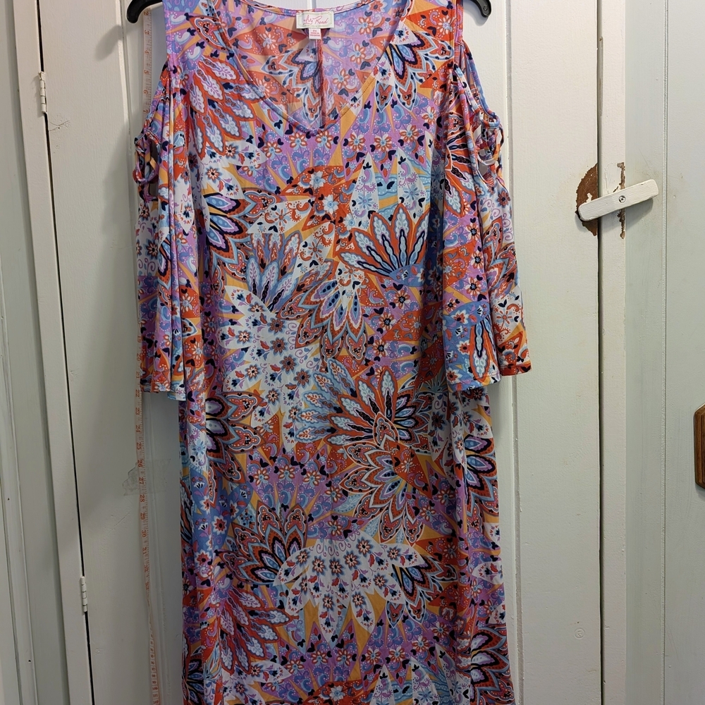 Ivy Road 2X Floral NWOT Multicolor Women's Dress Cold Shoulder w/ Bell Sleeves - Picture 3 of 9